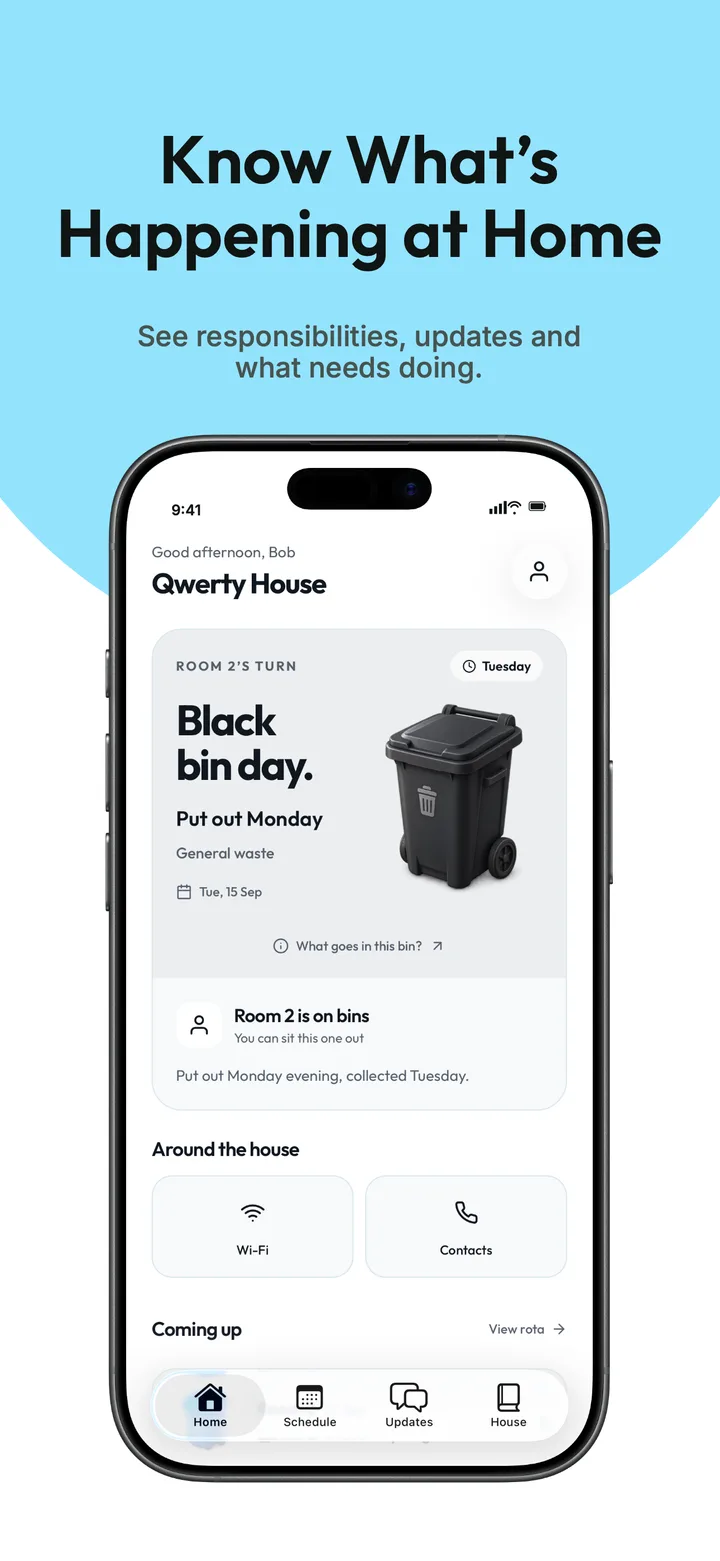 The Rimeroo home screen showing that it is Room 2’s turn to put the black bin out on Monday