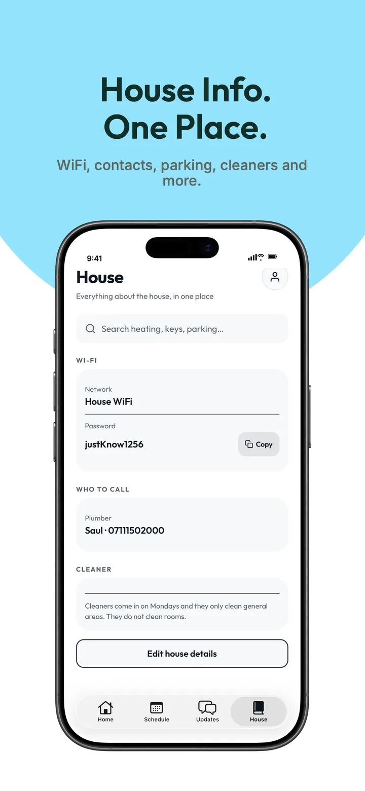 The house screen showing the Wi‑Fi network and password, who to call, and cleaner arrangements